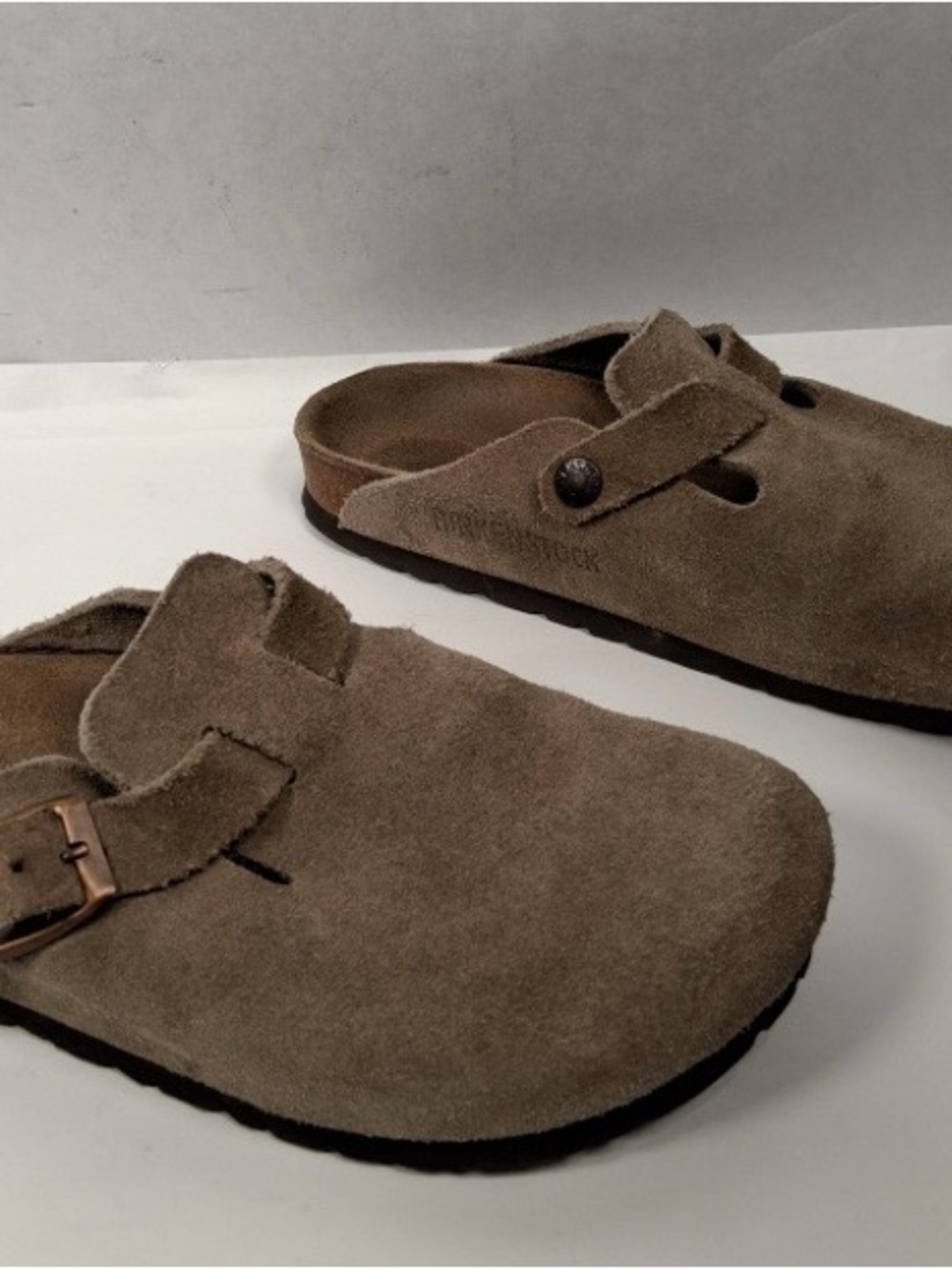 Birkenstock Suede Clog Mules in Taupe Brown